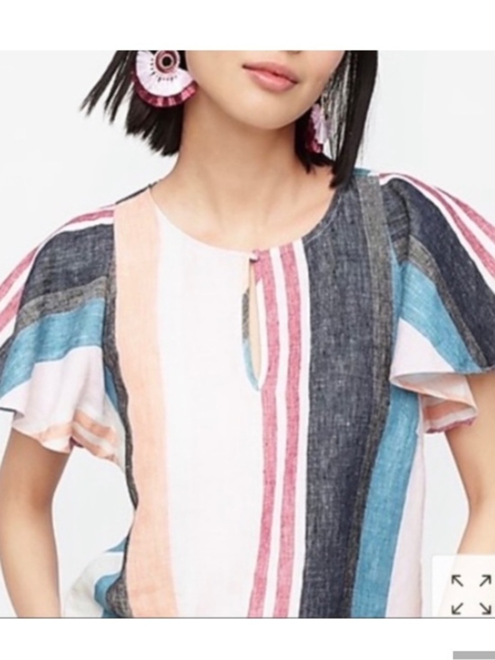 J. Crew Linen Striped Flutter-Sleeve Keyhole Top in Pink, Blue & Black size 0
